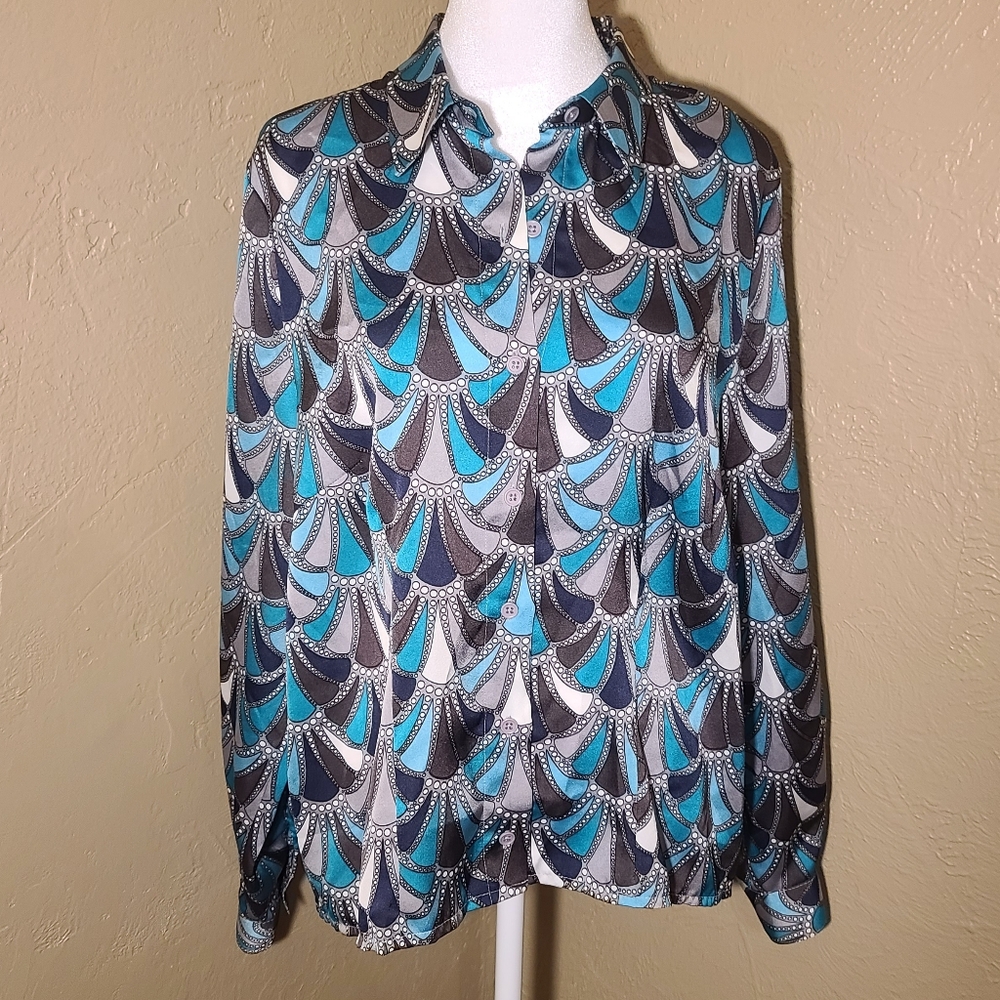 New Appleseed's Peacock Blue Button Blouse size 14